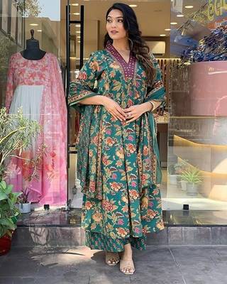 Jaipuri green women's cotton blend anarkali printed kurta with palazzo & dupatta 3