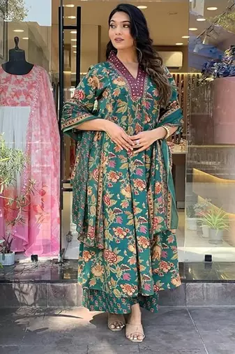Jaipuri green women's cotton blend anarkali printed kurta with palazzo & dupatta
