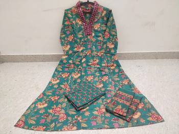 Jaipuri green women's cotton blend anarkali printed kurta with palazzo & dupatta 4