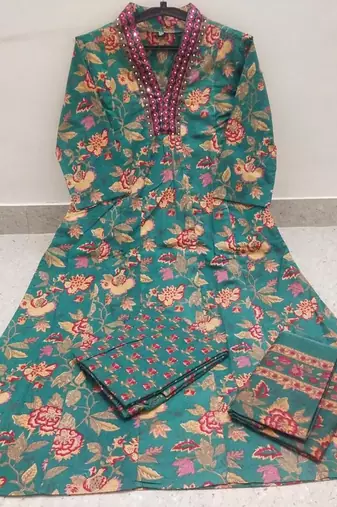Jaipuri green women's cotton blend anarkali printed kurta with palazzo & dupatta