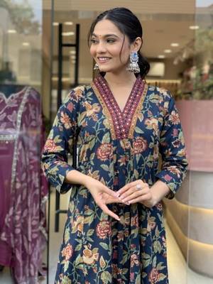Jaipuri blue women's cotton blend anarkali printed kurta with palazzo & dupatta 2