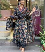 Jaipuri blue women's cotton blend anarkali printed kurta with palazzo & dupatta