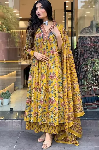 Jaipuri yellow women's cotton blend anarkali printed kurta with palazzo & dupatta