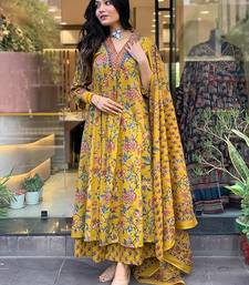 Jaipuri yellow women's cotton blend anarkali printed kurta with palazzo & dupatta
