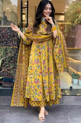 Jaipuri yellow women's cotton blend anarkali printed kurta with palazzo & dupatta
