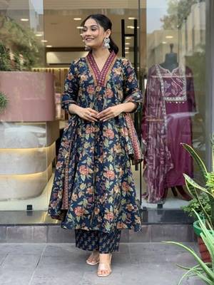 Jaipuri blue women's cotton blend anarkali printed kurta with palazzo & dupatta 3
