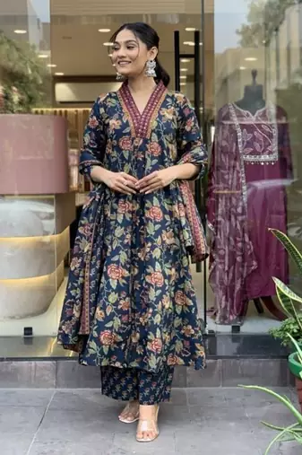 Jaipuri blue women's cotton blend anarkali printed kurta with palazzo & dupatta