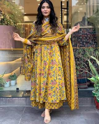 Jaipuri yellow women's cotton blend anarkali printed kurta with palazzo & dupatta 4