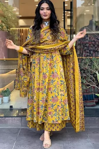Jaipuri yellow women's cotton blend anarkali printed kurta with palazzo & dupatta