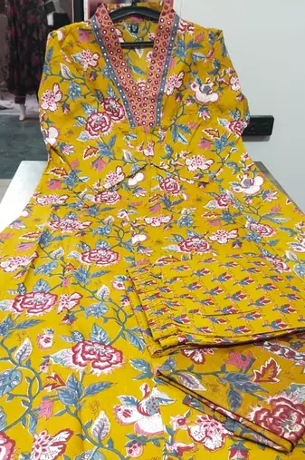 Jaipuri yellow women's cotton blend anarkali printed kurta with palazzo & dupatta