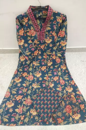 Jaipuri blue women's cotton blend anarkali printed kurta with palazzo & dupatta