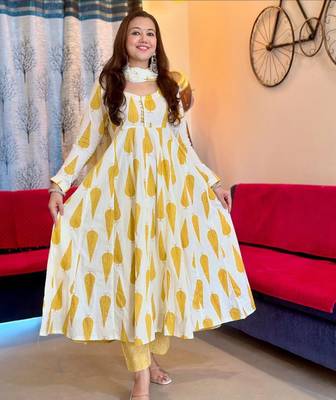 Jaipuri yellow cotton printed full sleeves anarkali suit set 1