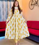 Jaipuri yellow cotton printed full sleeves anarkali suit set