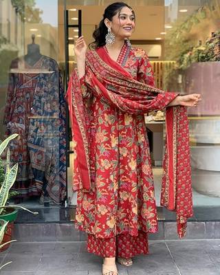 Jaipuri maroon women's cotton blend anarkali printed kurta with palazzo & dupatta 2