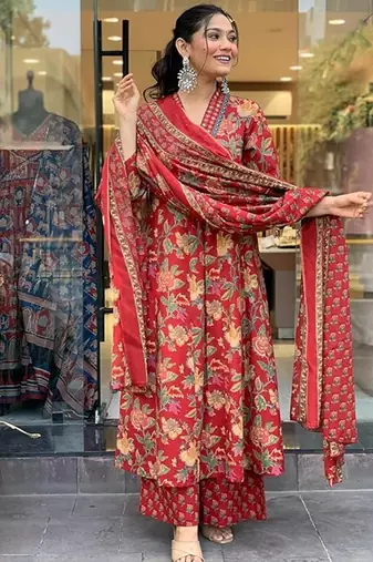 Jaipuri maroon women's cotton blend anarkali printed kurta with palazzo & dupatta