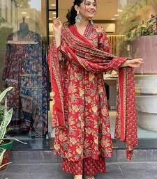 Jaipuri maroon women's cotton blend anarkali printed kurta with palazzo & dupatta
