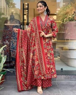 Jaipuri maroon women's cotton blend anarkali printed kurta with palazzo & dupatta 3