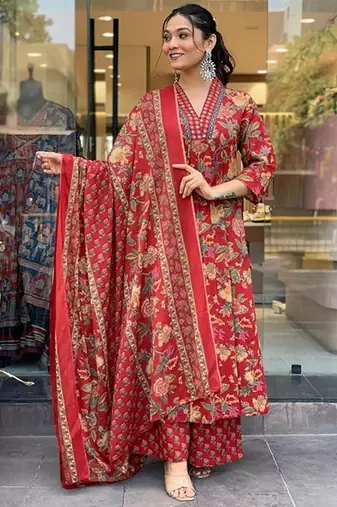 Jaipuri maroon women's cotton blend anarkali printed kurta with palazzo & dupatta