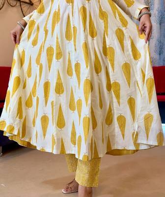 Jaipuri yellow cotton printed full sleeves anarkali suit set 5