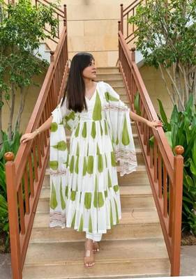 Jaipuri beautiful green designer angrakha style hand block salwar suit 1