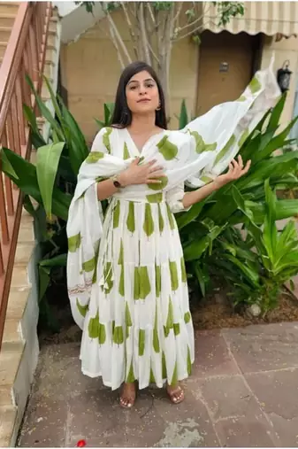 Jaipuri beautiful green designer angrakha style hand block salwar suit