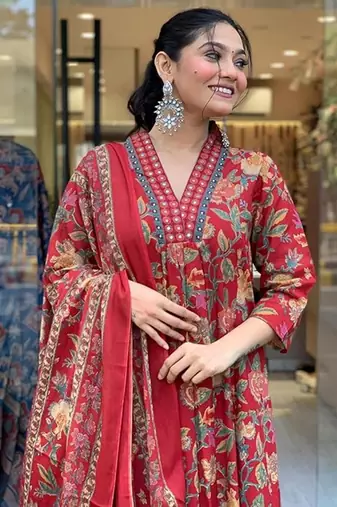 Jaipuri maroon women's cotton blend anarkali printed kurta with palazzo & dupatta