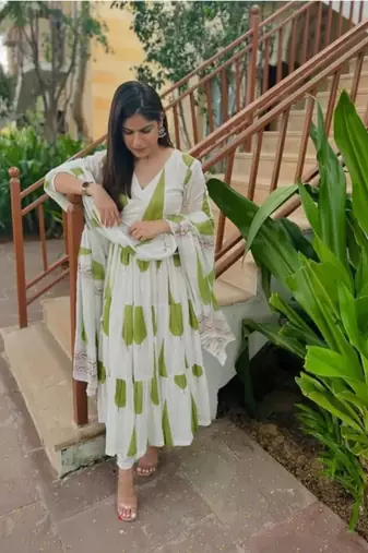 Jaipuri beautiful green designer angrakha style hand block salwar suit