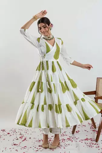 Jaipuri beautiful green designer angrakha style hand block salwar suit
