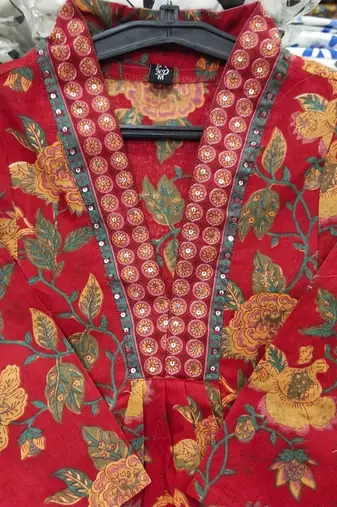Jaipuri maroon women's cotton blend anarkali printed kurta with palazzo & dupatta