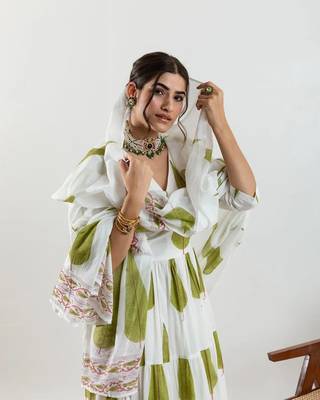 Jaipuri beautiful green designer angrakha style hand block salwar suit 5