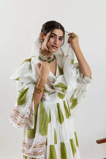 Jaipuri beautiful green designer angrakha style hand block salwar suit