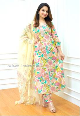 Jaipuri ivory multicolor cotton designer afgani party wear 3 piece suit for women 2