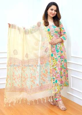 Jaipuri ivory multicolor cotton designer afgani party wear 3 piece suit for women 3