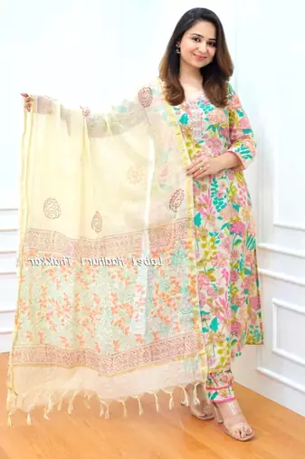 Jaipuri ivory multicolor cotton designer afgani party wear 3 piece suit for women