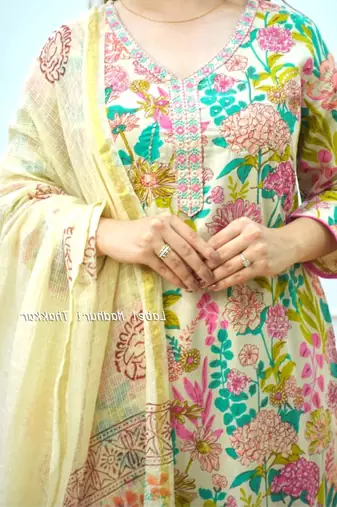 Jaipuri ivory multicolor cotton designer afgani party wear 3 piece suit for women