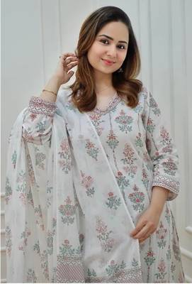 Jaipuri off white multicolor cotton designer afgani party wear 3 piece suit for women 1