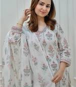 Jaipuri off white multicolor cotton designer afgani party wear 3 piece suit for women