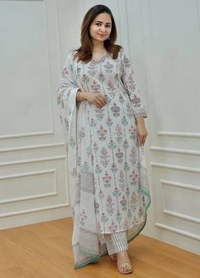 Jaipuri off white multicolor cotton designer afgani party wear 3 piece suit for women 2
