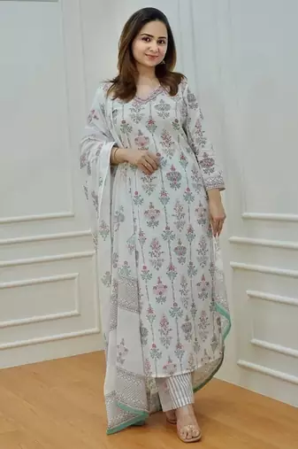 Jaipuri off white multicolor cotton designer afgani party wear 3 piece suit for women