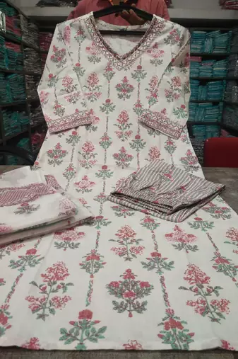 Jaipuri off white multicolor cotton designer afgani party wear 3 piece suit for women