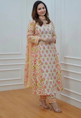 Jaipuri off white orange cotton designer afgani party wear 3 piece suit for women 1