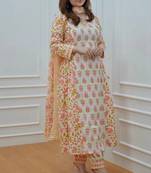 Jaipuri off white orange cotton designer afgani party wear 3 piece suit for women