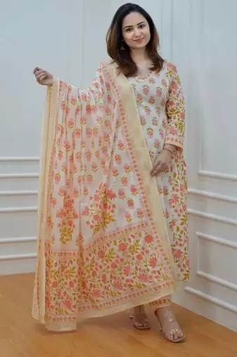 Jaipuri off white orange cotton designer afgani party wear 3 piece suit for women