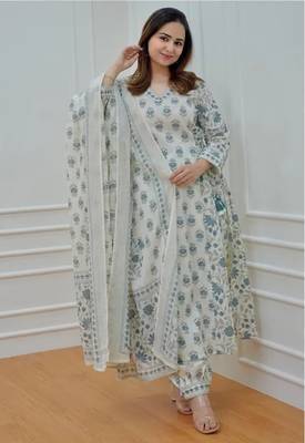 Jaipuri off white grey cotton designer afgani party wear 3 piece suit for women 1