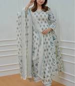 Jaipuri off white grey cotton designer afgani party wear 3 piece suit for women
