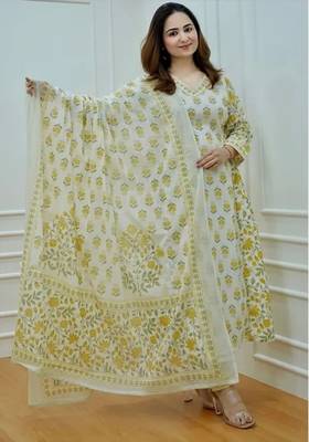 Jaipuri off white mustard  cotton designer afgani party wear 3 piece suit for women 1