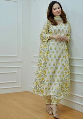 Jaipuri off white mustard  cotton designer afgani party wear 3 piece suit for women 2