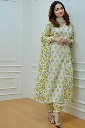 Jaipuri off white mustard  cotton designer afgani party wear 3 piece suit for women