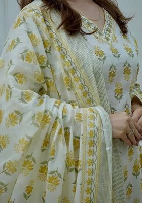Jaipuri off white mustard  cotton designer afgani party wear 3 piece suit for women 3