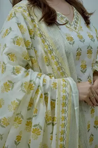 Jaipuri off white mustard  cotton designer afgani party wear 3 piece suit for women